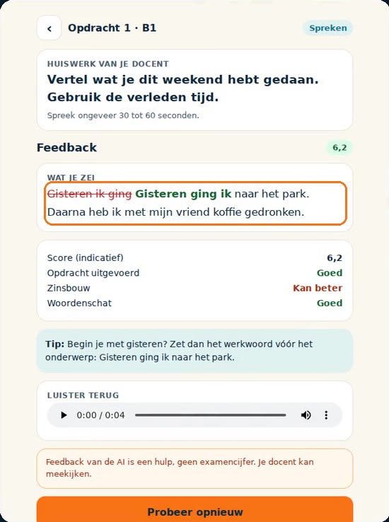 AI-feedback met correctie, tip en score
