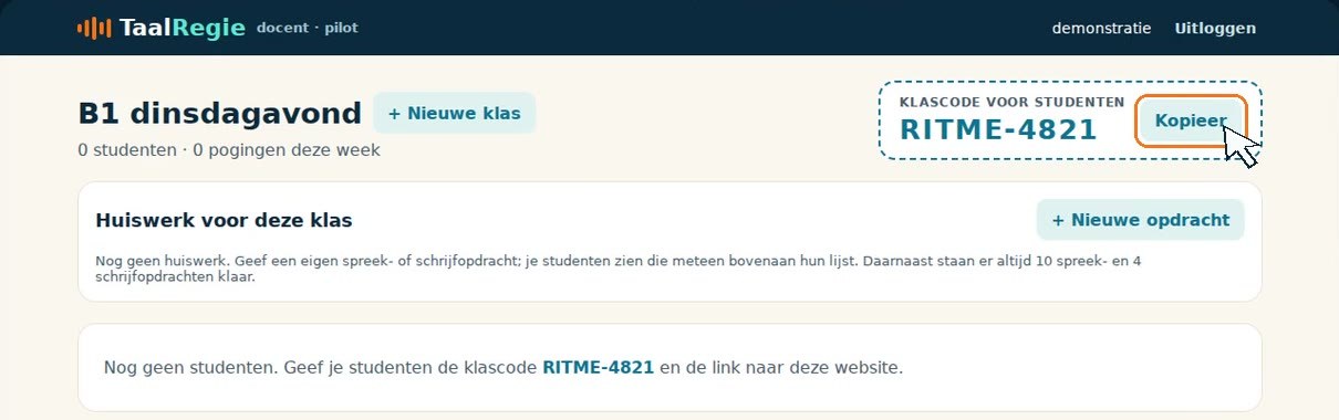 Klasoverzicht met de klascode RITME-4821